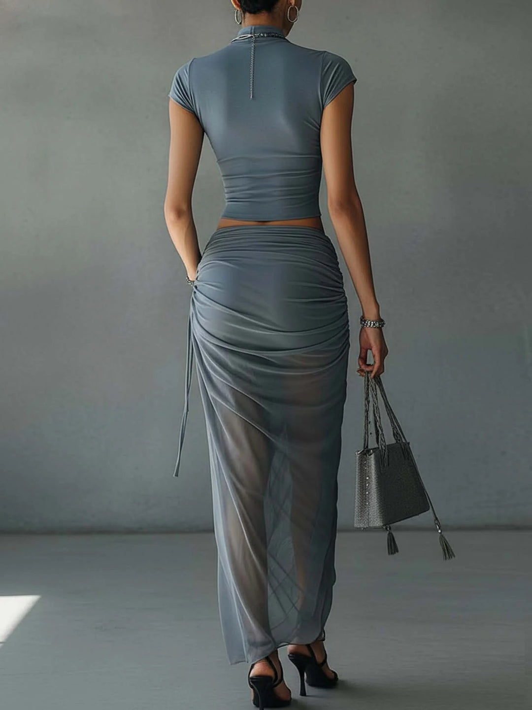 Sofia Cropped T-Shirt and Sheer Mesh Draped Skirt Set