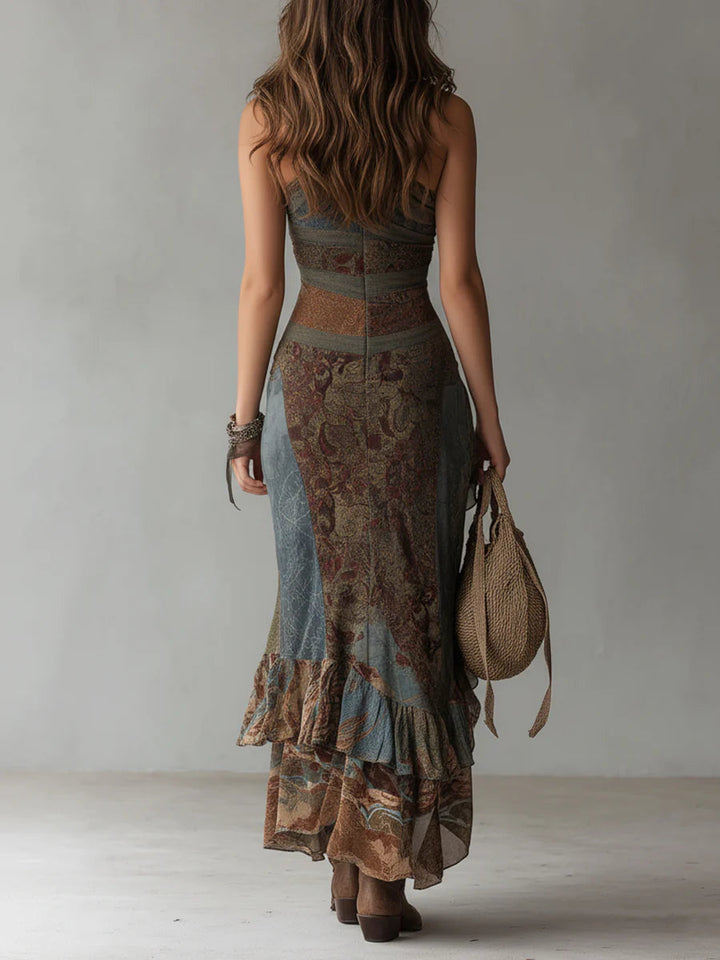 Karen | Long one-shoulder printed dress in ethnic style with high slit