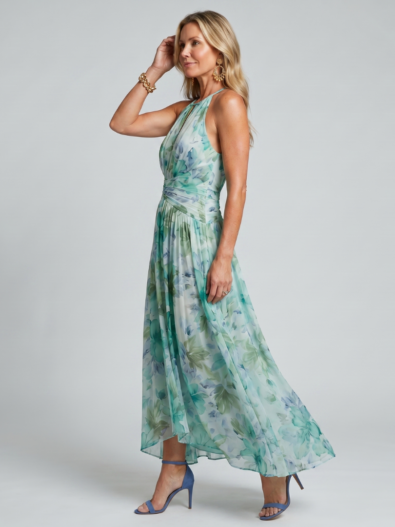Portia™ | Pleated Halter Floral Midi Dress