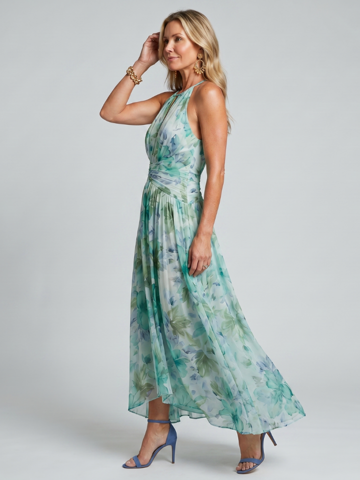 Portia™ | Pleated Halter Floral Midi Dress