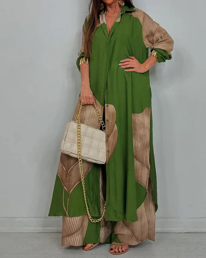 ISABEAU – TRENDY PATCHWORK PRINTED TOP & WIDE LEG PANTS SET