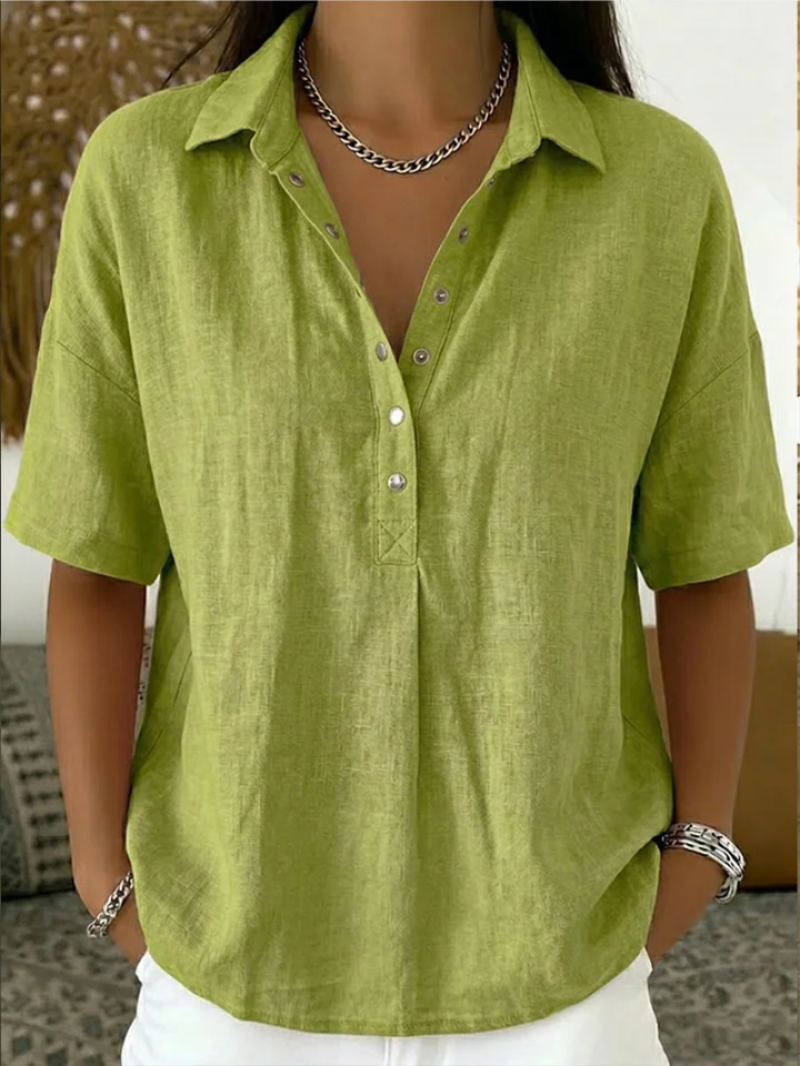 Cotton Blend Short Sleeve Shirt Relaxed Fit Collared Style