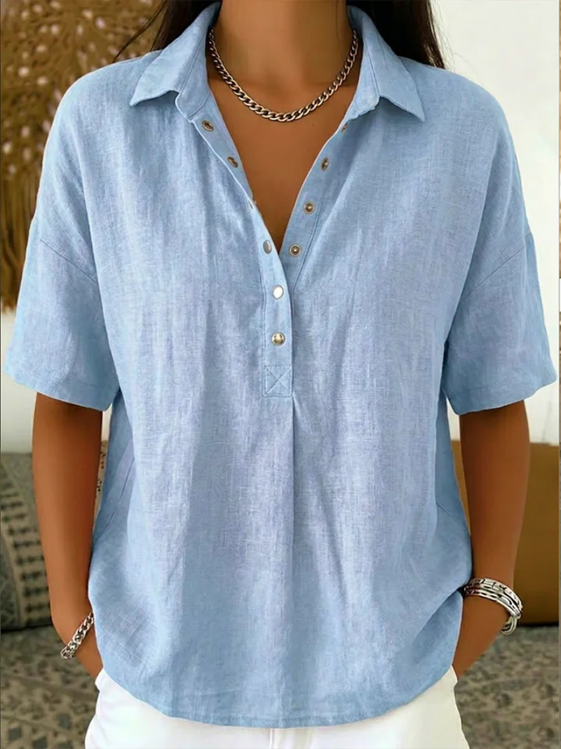 Cotton Blend Short Sleeve Shirt Relaxed Fit Collared Style