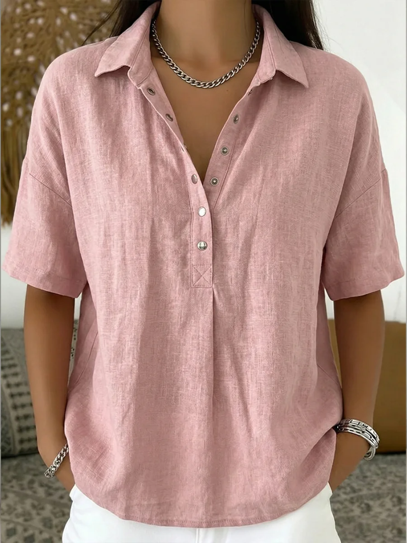 Cotton Blend Short Sleeve Shirt Relaxed Fit Collared Style