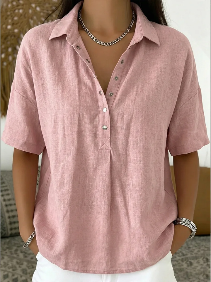 Cotton Blend Short Sleeve Shirt Relaxed Fit Collared Style