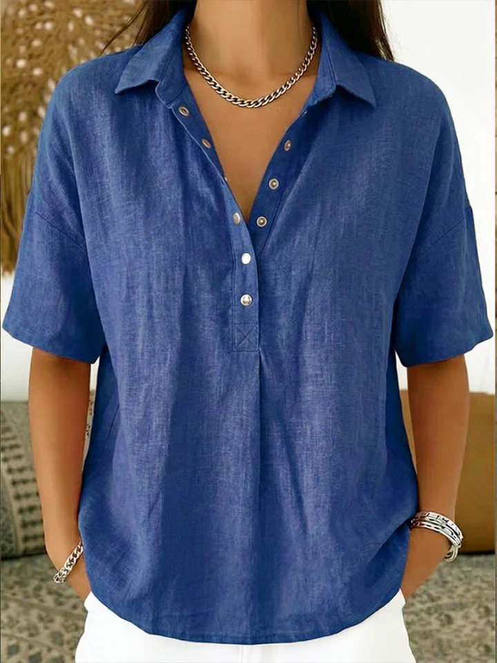 Cotton Blend Short Sleeve Shirt Relaxed Fit Collared Style