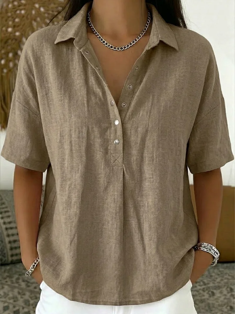 Cotton Blend Short Sleeve Shirt Relaxed Fit Collared Style