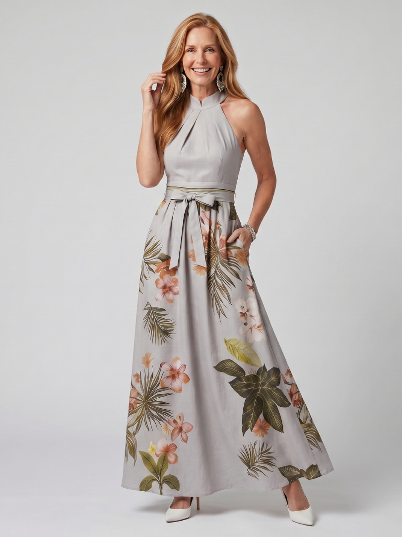 Meadow™ | Draped Halter Botanical Maxi Dress