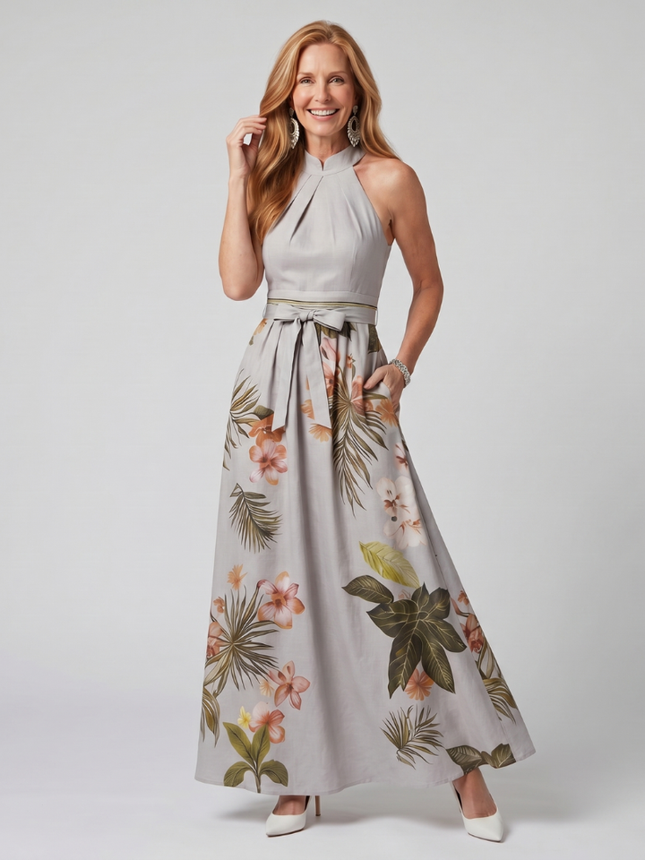 Meadow™ | Draped Halter Botanical Maxi Dress