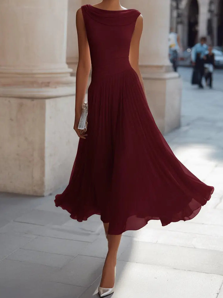 Draped Neck Sleeveless Pleated Midi Dress