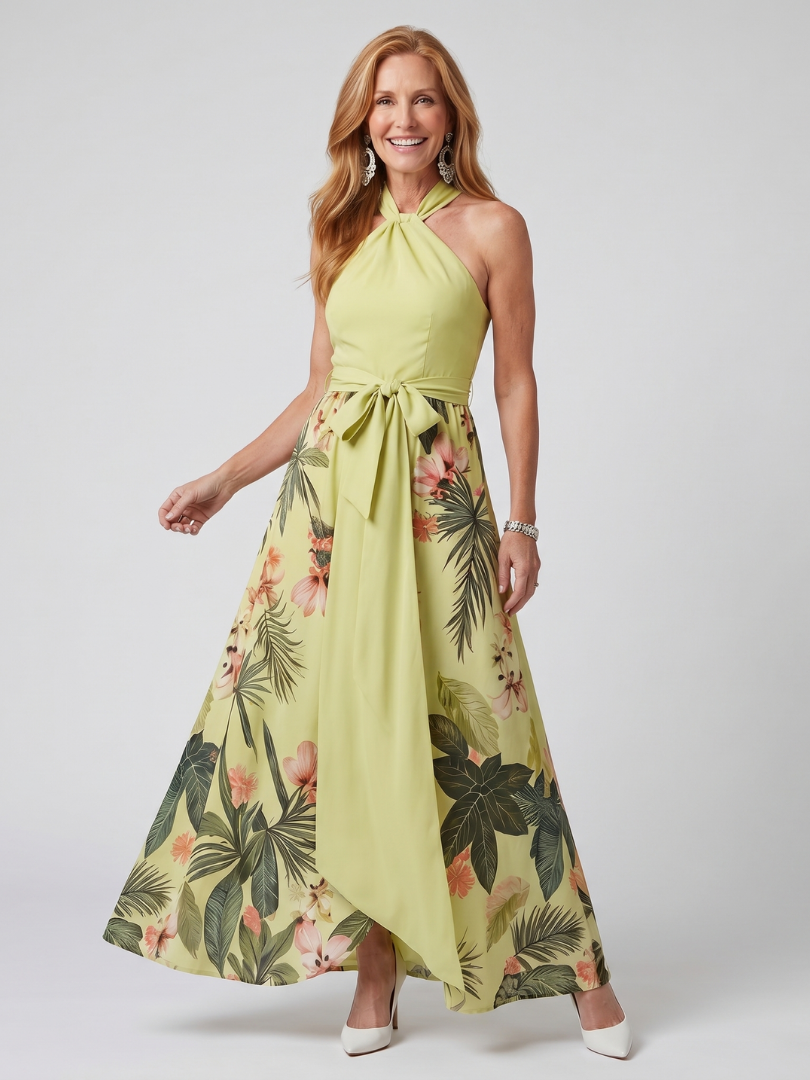 Meadow™ | Draped Halter Botanical Maxi Dress