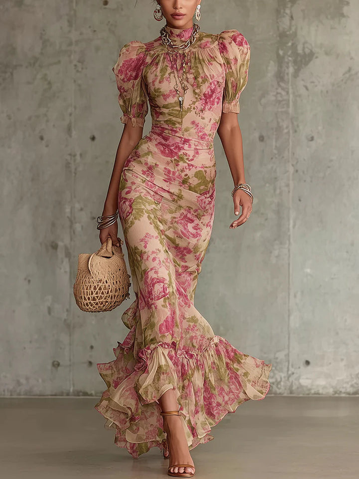 Margaret | Long dress with vintage rose print and puff sleeves
