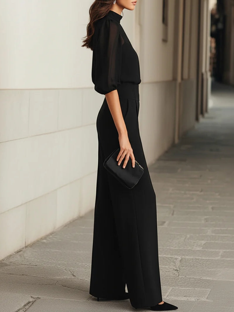 Jessica | Three-piece black set, consisting of a sheer camisole top and wide-leg pants