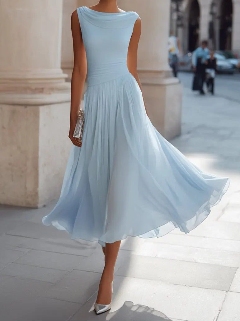 Draped Neck Sleeveless Pleated Midi Dress
