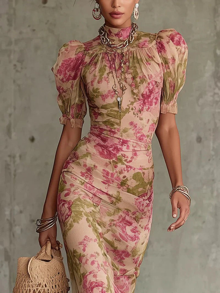 Gabriella™ | Vintage Print Puff Sleeve Maxi Dress