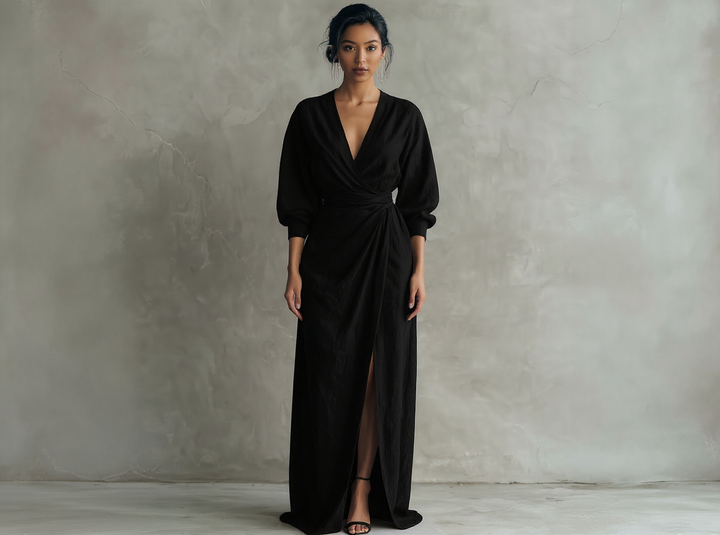 Alméra™ – Draped Linen Maxi Dress